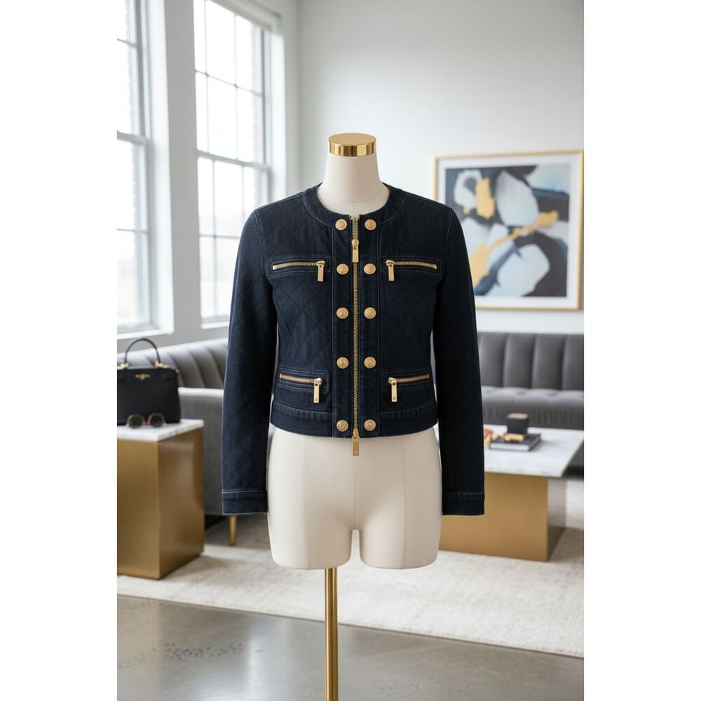 Michael Kors Quilted Denim Jacket with Gold Accents – Size XS